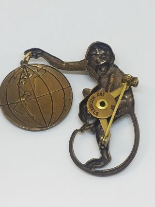 Jan Michaels Antique Brass Monkey with Dangle World Globe Pin Brooch Made in USA 7