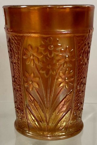 Antique Fenton Bouquet Pumpkin Marigold Carnival Glass 4 " Tumbler Vintage Cup