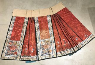 Antique Chinese Hand Embroidered Skirt Apron Panel Damask Silk Forbidden Stitch