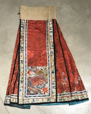 Antique Chinese Hand Embroidered Skirt Apron Panel Damask Silk Forbidden Stitch 3