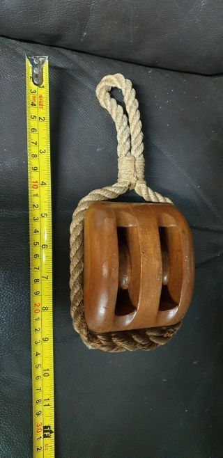 Vintage Wooden 2 Wheel Block And Tackle Ships Rigging Pulley With Rope 20cm 99p