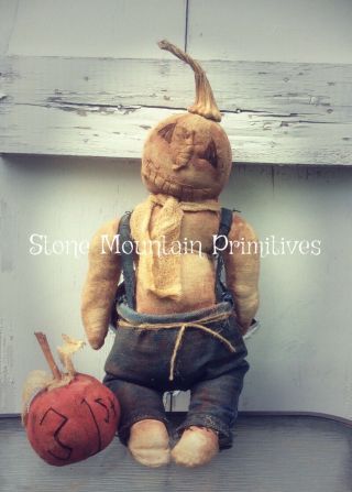 Primitive Folk Art Pumpkin Boy Doll With Real Stem And Tiny Halloween Pumpkin
