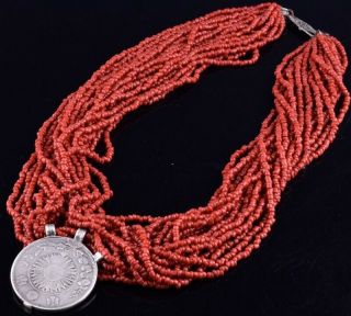 Interesting Chinese Multi Strand Red Coral Bead Necklace Silver Coin Pendant