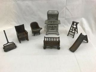 Neat Group Orig.  Antique / Vint.  Cast Iron Toys Royal Stove Ladder Slide Sweeper