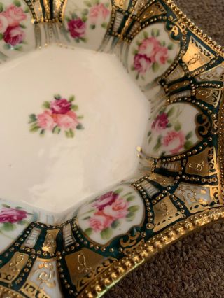 Antique Nippon Bowl - Gold & Roses - Moriage Gold Gilt Hand Painted Scalloped 7