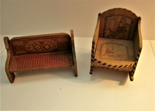 2 Vintage Wooden Folk Art Miniature / Doll Furniture - Bench & Rocker