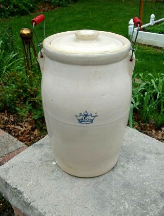 Antique 6 Gallon Blue Crown Robinson Ransbottom With Lid And Handles U.  S.  A.  Ohio