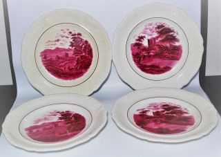 Copeland Set/4 Ross Castle & Nottar Bridge Red Luncheon Plates Antique C.  1840s