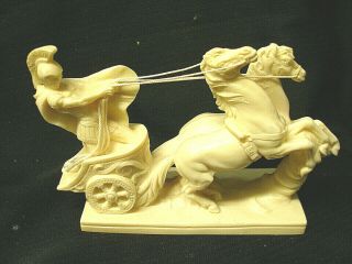 Vintage Italian Alabaster Statue Figurine Gladiator Chariot Horses Santini Italy
