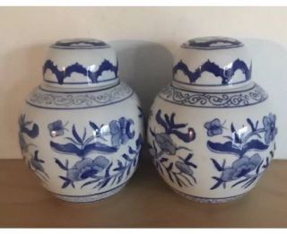 Chinese Ginger Jars In Blue And White Hand Painted Ec