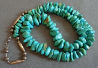 Vintage Or Antique Silver Bead & Turquoise Nuggets 26 " Southwest Necklace