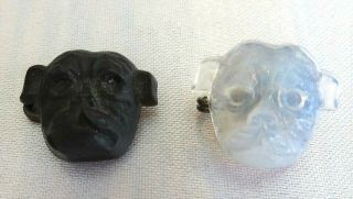 Rare Antique Set Glass Bulldogs Heads Brooches Pins Black & Clear C Clasp 3/4 "