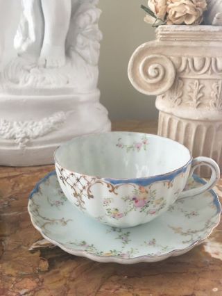 Old Hand Painted Delicate Porcelain Teacup And Saucer Pink Roses Blue Trim