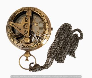 Brass Sundial Compass Style Antique Pocket Watch Necklace With Long Chain Gift