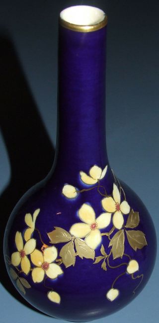 Antique Carlsbad Austria Hand Painted Cobalt Blue & Gold Floral Bud Vase 1900