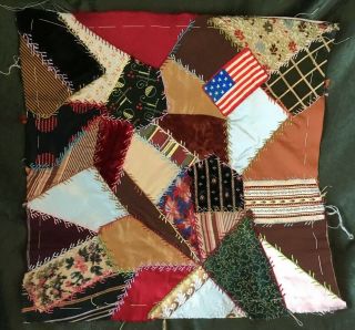 Antique Crazy Quilt Block 12” Hand Embroidered W American Flag Silk Satin Velvet