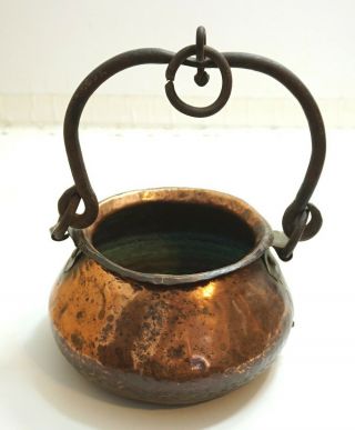 Antique Primitive Hammered Copper And Hand Wrought Cast Iron Pot Caldron