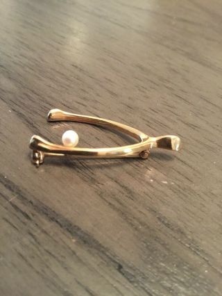 Vintage Estate Antique 14K yellow Gold Pearl Wishbone Luck Brooch Pin C90 3