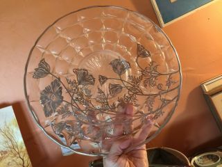 13 Inch Antique Sterling Silver Overlay Glass Cake Plate With Lilies