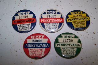 1941 - 1945 Pennsylvania Fishing License Buttons - All War Years