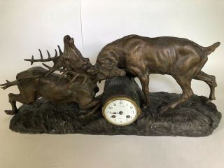 Thomas Cartier France Antique Metal Spelter Fighting Stags Clock Incomplete