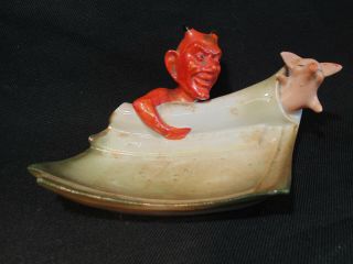 Antique Schafer & Vater Porcelain Bisque Fairing Devil & Pig On A Tray