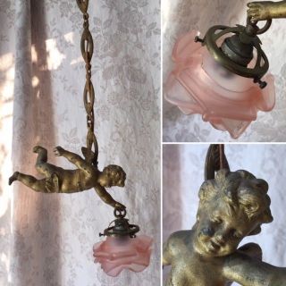 1920 French Antique Cherub Angel Chandelier Pink Rose Shade Chain Brass/bronze
