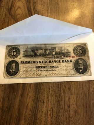 Antiques 1856 $5 Farmers & Exchange Bank Obsolete Note Charleston Sc