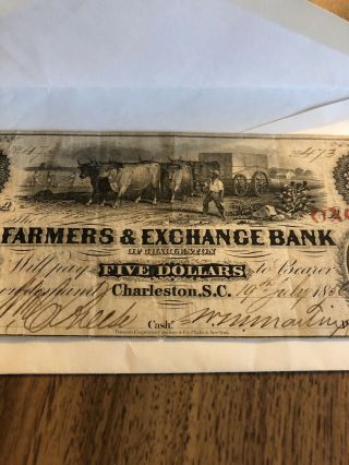 Antiques 1856 $5 FARMERS & EXCHANGE BANK OBSOLETE NOTE Charleston SC 3