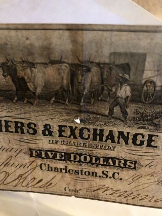 Antiques 1856 $5 FARMERS & EXCHANGE BANK OBSOLETE NOTE Charleston SC 5
