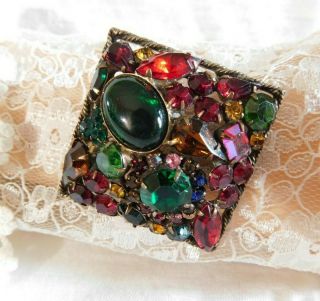Weiss Vintage Colorful Rhinestone Fruit Salad Brooch Signed,  Antique Gold 2 1/2 "
