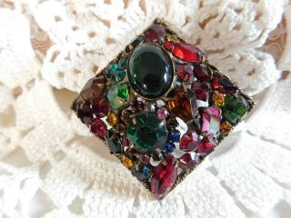 Weiss Vintage Colorful Rhinestone Fruit Salad Brooch Signed,  Antique Gold 2 1/2 