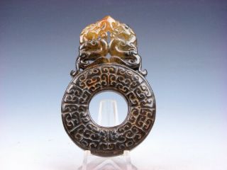 Vintage Nephrite Jade Carved Pendant Sculpture 2 Dragons Round Bi 08031910