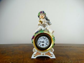 Antique German Dresden Porcelain Figural Mantel Novelty Clock Cherub Drinking 2