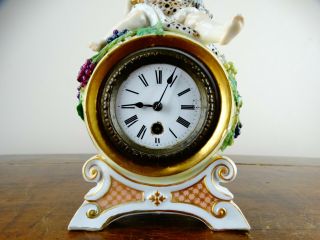 Antique German Dresden Porcelain Figural Mantel Novelty Clock Cherub Drinking 3