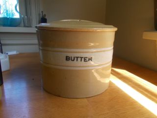 Antique Yellowware Covered Butter Crock With Lid White Bands Heavy Stoneware