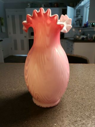 Antique Pink MOP Cased Satin Glass Ruffle Neck Vase Pairpoint Mt Washington? 2