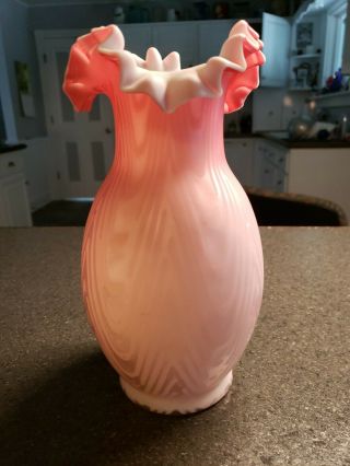 Antique Pink MOP Cased Satin Glass Ruffle Neck Vase Pairpoint Mt Washington? 3