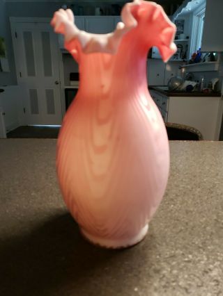 Antique Pink MOP Cased Satin Glass Ruffle Neck Vase Pairpoint Mt Washington? 4