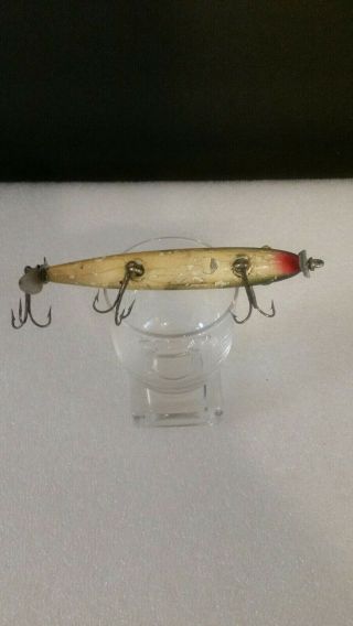 VINTAGE GREEN AND WHITE (3) HOOK WOODEN MINNOW LURE 4
