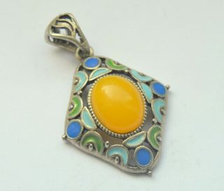 Antique Old Pendant Amber Silver Plated Enamel Cloissone