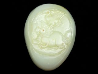 Hetian Jade Hand Carved Extra Large Pendant Crane Riding Foo Dog Lion 05131823