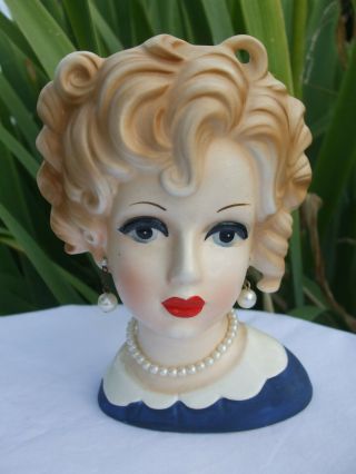 Rare Vtg Inarco E - 5623 Lady Head Vase Blonde Blue Dress Pearl Necklace/earrings