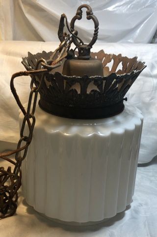 Antique Vintage Cast Iron And Milk Glass Hanging Light