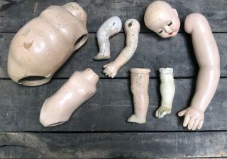 Antique 1800 - 1900s Doll Parts Bisque & Composite Arms Legs Head Torso Creepy