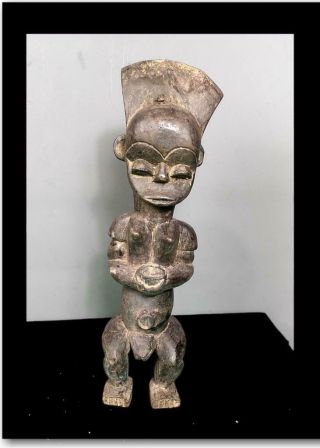 Old Tribal Female Fang Reliquary Figure With Divination Bowl - Gabon