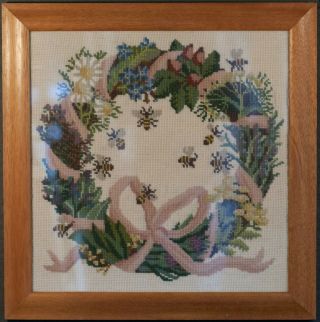 Vintage Framed Embroidery Needlepoint Wreath With Bees Framed