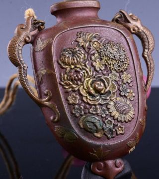 19THC CHINESE GOLD GILT BRONZE DRAGON HANDLE SNUFF BOTTLE w DRAGON STAND 10