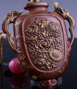 19THC CHINESE GOLD GILT BRONZE DRAGON HANDLE SNUFF BOTTLE w DRAGON STAND 11