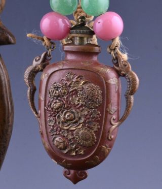 19THC CHINESE GOLD GILT BRONZE DRAGON HANDLE SNUFF BOTTLE w DRAGON STAND 4